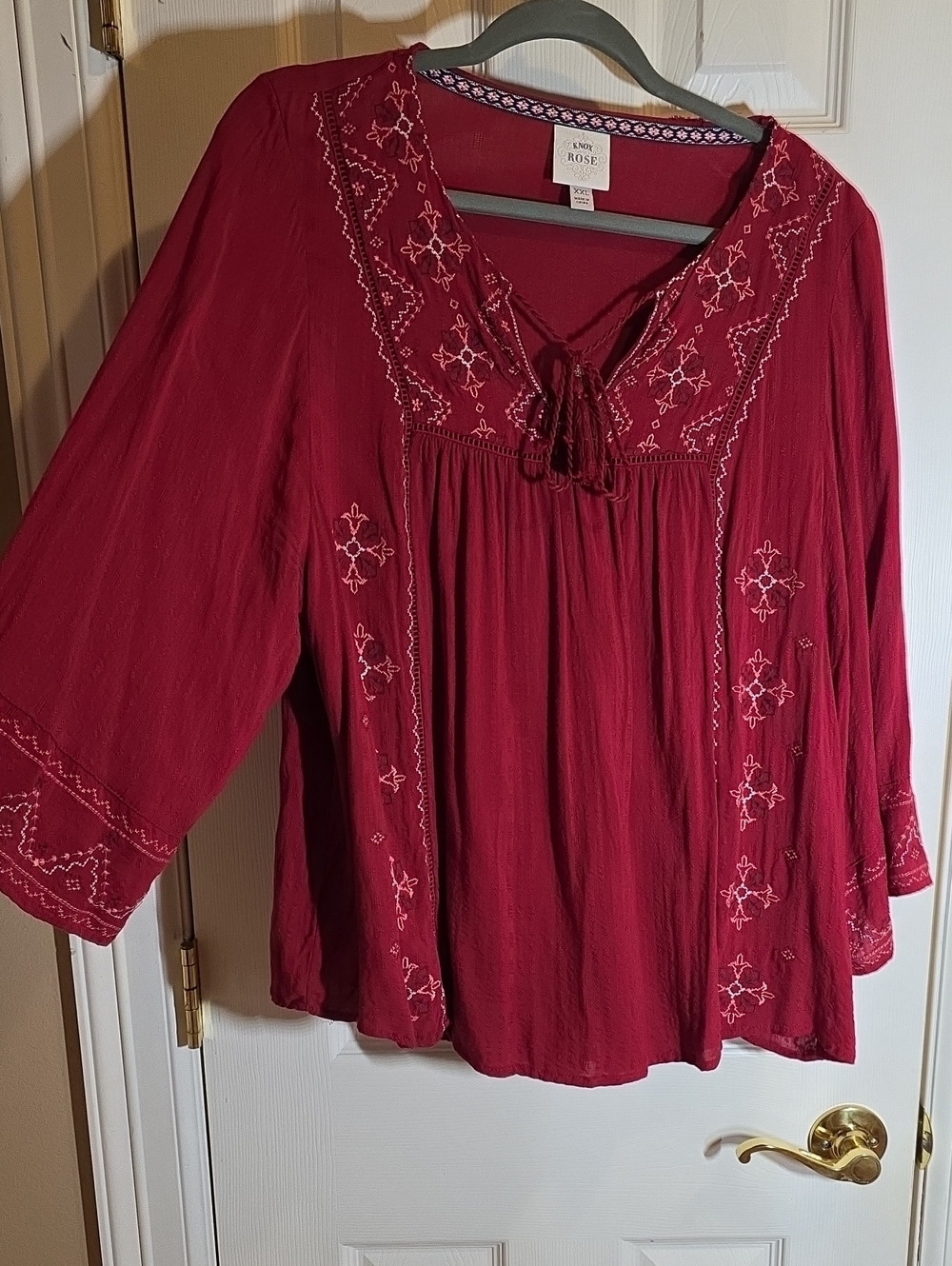 Knox Rose Wine Embroidered Peasant Blouse